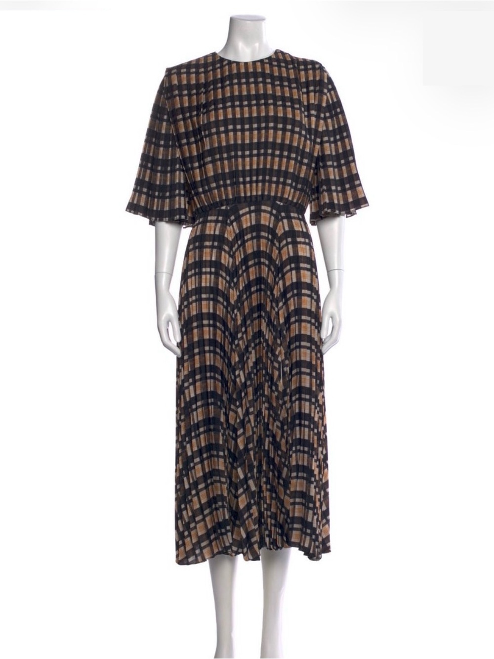 Altuzarra Navy and Tan Checked Midi Dress